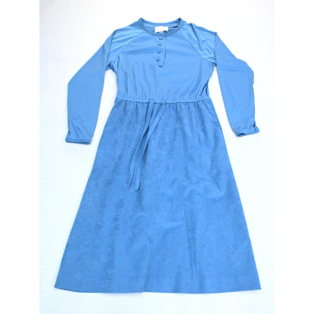 Vintage 70s Kay Windsor Womens Blue Midi Dress Raglan Sleeve Tie Belt Union Made